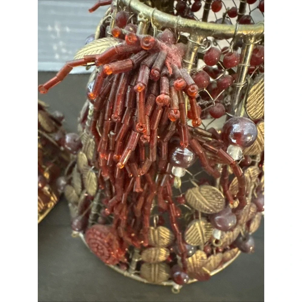2- Iridescent Red Glass Beaded Wire Wrapped Lamp Shades 4.75